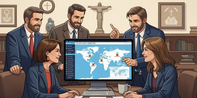 LDS leaders collaborating and using the CDOL church directory on a computer with a digital map