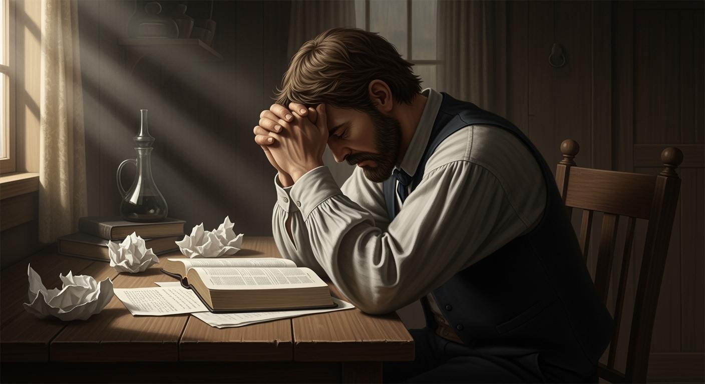 Joseph Smith alone in prayerful sorrow after losing the 116 pages, with an open Bible and manuscript on the table, symbolizing repentance and forgiveness