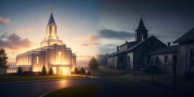 Contrast of two distinct architectural styles.