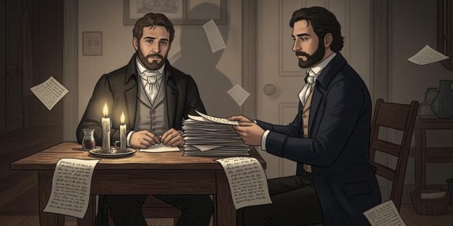 Joseph Smith and Martin Harris holding the lost 116 pages manuscript from the Book of Mormon translation