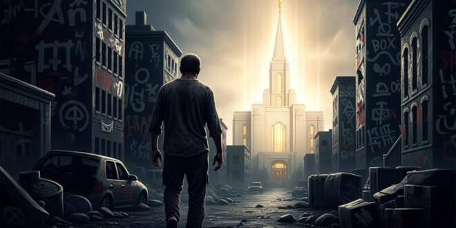 Man walking towards a glowing temple in ruins.