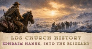 Ephraim Hanks braves a snowstorm on horseback.