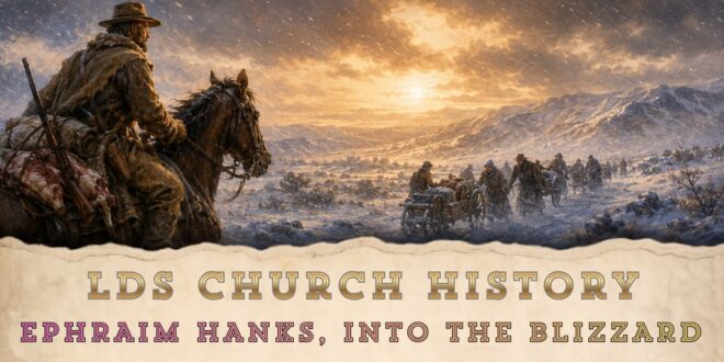 Ephraim Hanks braves a snowstorm on horseback.