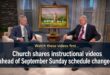 Men discussing church schedule changes and instructional videos.