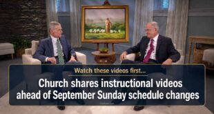 Men discussing church schedule changes and instructional videos.