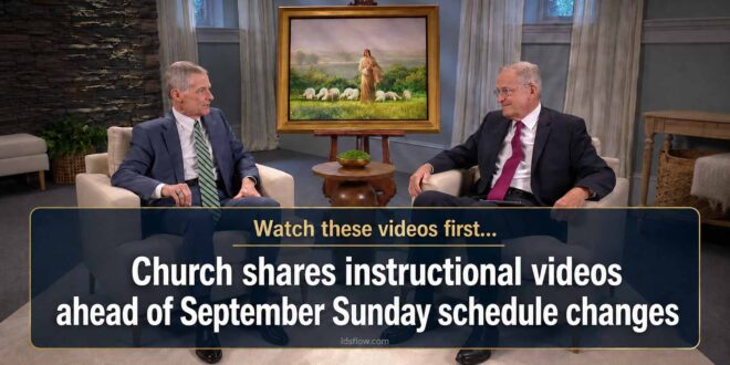 Men discussing church schedule changes and instructional videos.