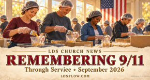 Illustrated volunteers packing meals beneath the headline Remembering 9/11 Through Service, September 2026.