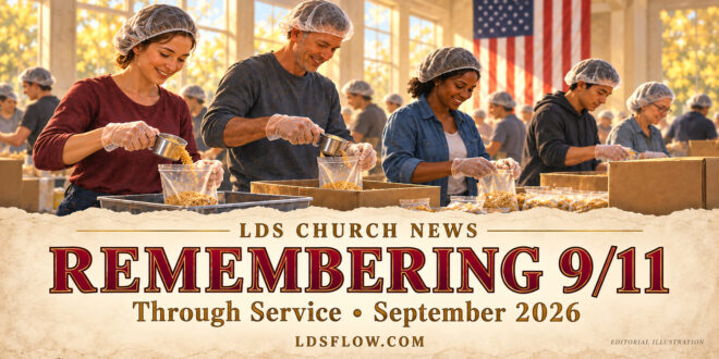 Illustrated volunteers packing meals beneath the headline Remembering 9/11 Through Service, September 2026.