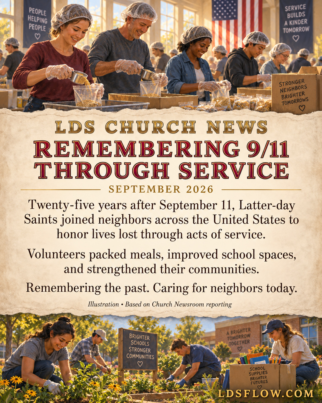Editorial infographic about September 2026 remembrance through service, showing volunteers packing meals and caring for a school garden.