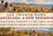 Symbolic painting of a family, shovels, and Mediterranean scenery surrounding news of the Barcelona Spain Temple groundbreaking.