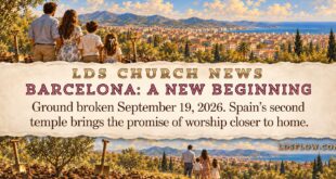 Symbolic painting of a family, shovels, and Mediterranean scenery surrounding news of the Barcelona Spain Temple groundbreaking.