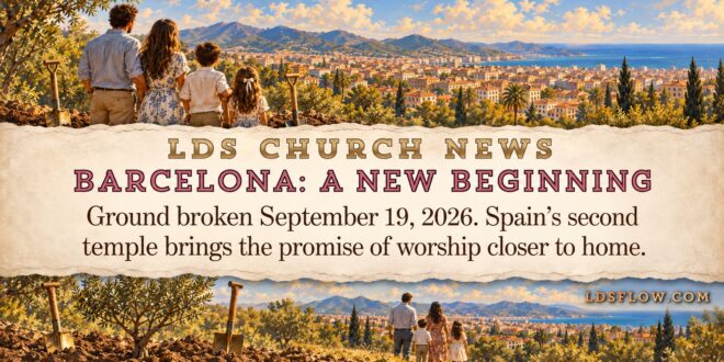 Symbolic painting of a family, shovels, and Mediterranean scenery surrounding news of the Barcelona Spain Temple groundbreaking.