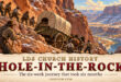 Painterly illustration of pioneers lowering a wagon through Utah sandstone cliffs, with the title Hole-in-the-Rock, 1879–1880.