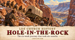 Painterly illustration of pioneers lowering a wagon through Utah sandstone cliffs, with the title Hole-in-the-Rock, 1879–1880.
