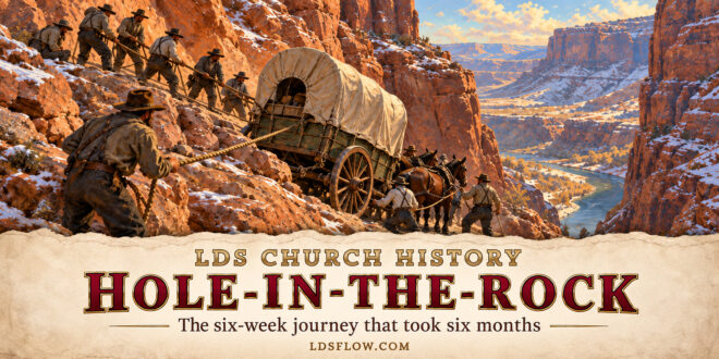 Painterly illustration of pioneers lowering a wagon through Utah sandstone cliffs, with the title Hole-in-the-Rock, 1879–1880.