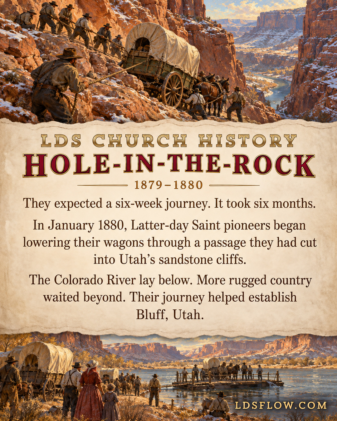 Illustrated Hole-in-the-Rock history infographic showing pioneers lowering a wagon through sandstone cliffs and crossing the Colorado River in 1880.