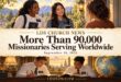 Painterly scenes of sister missionaries visiting a neighbor and elders studying, framing the headline More Than 90,000 Missionaries Serving Worldwide.