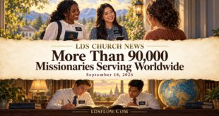 Painterly scenes of sister missionaries visiting a neighbor and elders studying, framing the headline More Than 90,000 Missionaries Serving Worldwide.