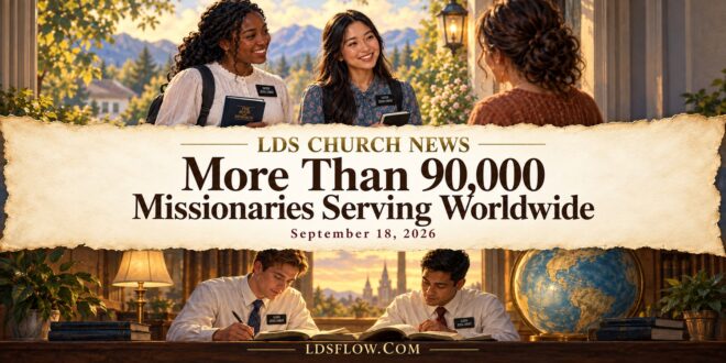Painterly scenes of sister missionaries visiting a neighbor and elders studying, framing the headline More Than 90,000 Missionaries Serving Worldwide.