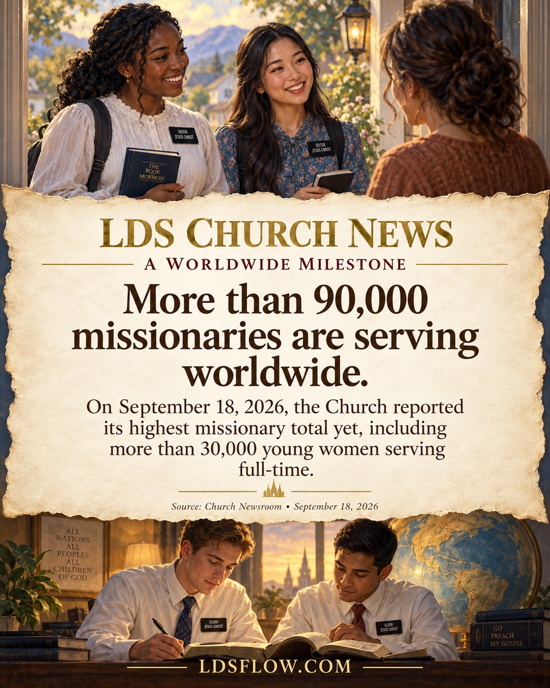 Illustrated missionary scenes around a parchment infographic reporting more than 90,000 missionaries worldwide, including over 30,000 young women, on September 18, 2026.