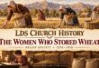 Illustration of pioneer women gathering wheat and keeping granary records for the Relief Society grain-storage program.