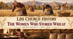 Illustration of pioneer women gathering wheat and keeping granary records for the Relief Society grain-storage program.