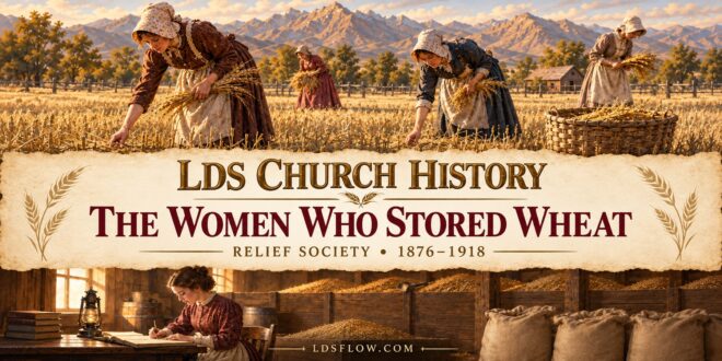 Illustration of pioneer women gathering wheat and keeping granary records for the Relief Society grain-storage program.