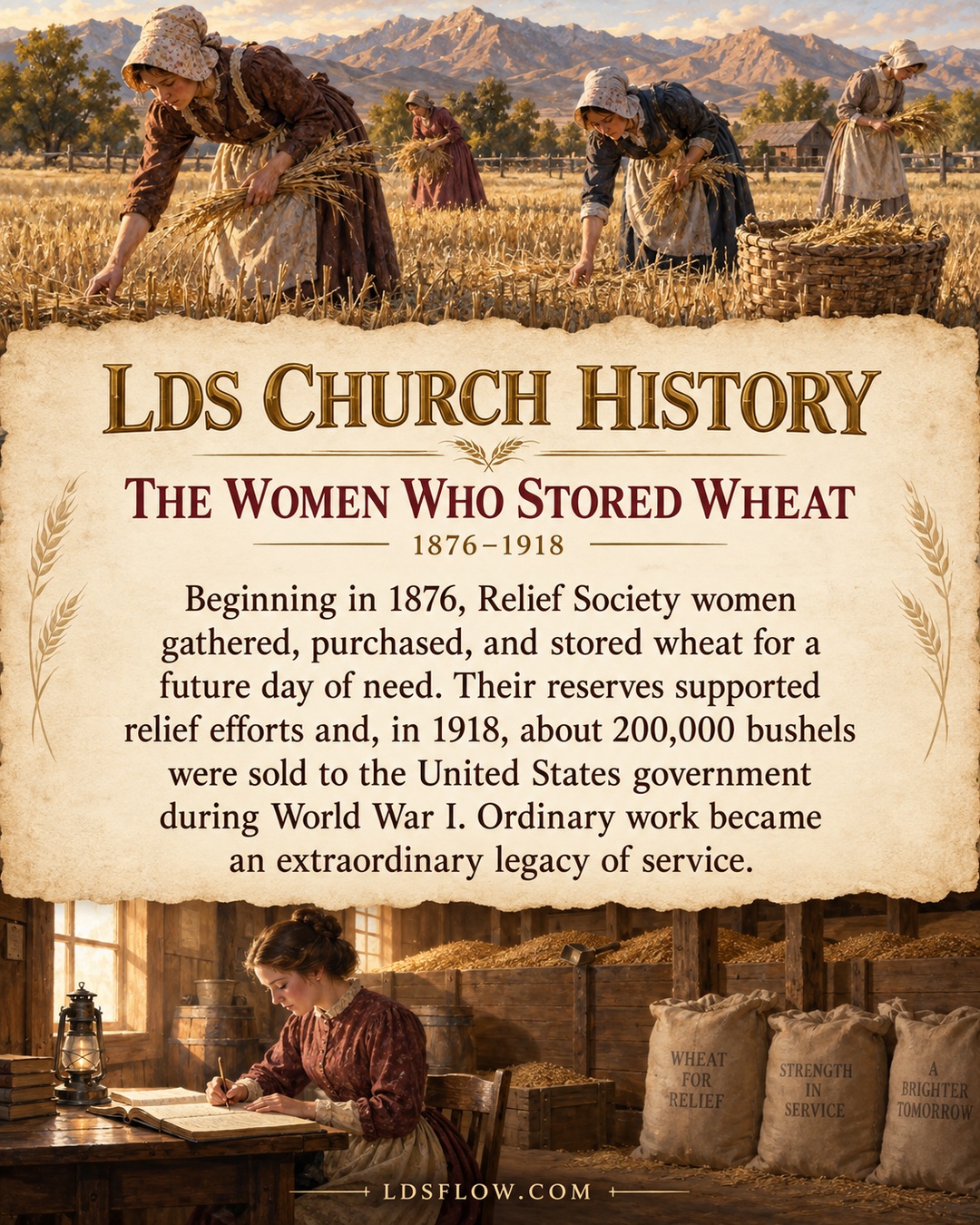 Infographic showing women gleaning wheat and recording stored grain, with a summary of Relief Society grain storage from 1876 to 1918.