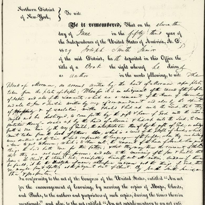 The handwritten and printed June 11, 1829 copyright certificate for the Book of Mormon