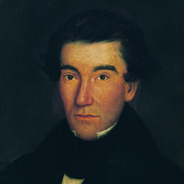 Historical painted portrait of Egbert Bratt Grandin in a dark coat and white collar