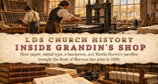 LDS Flow historical illustration of printers and bindery work for the first Book of Mormon