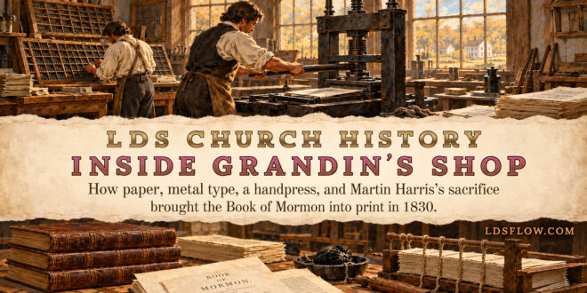 LDS Flow historical illustration of printers and bindery work for the first Book of Mormon