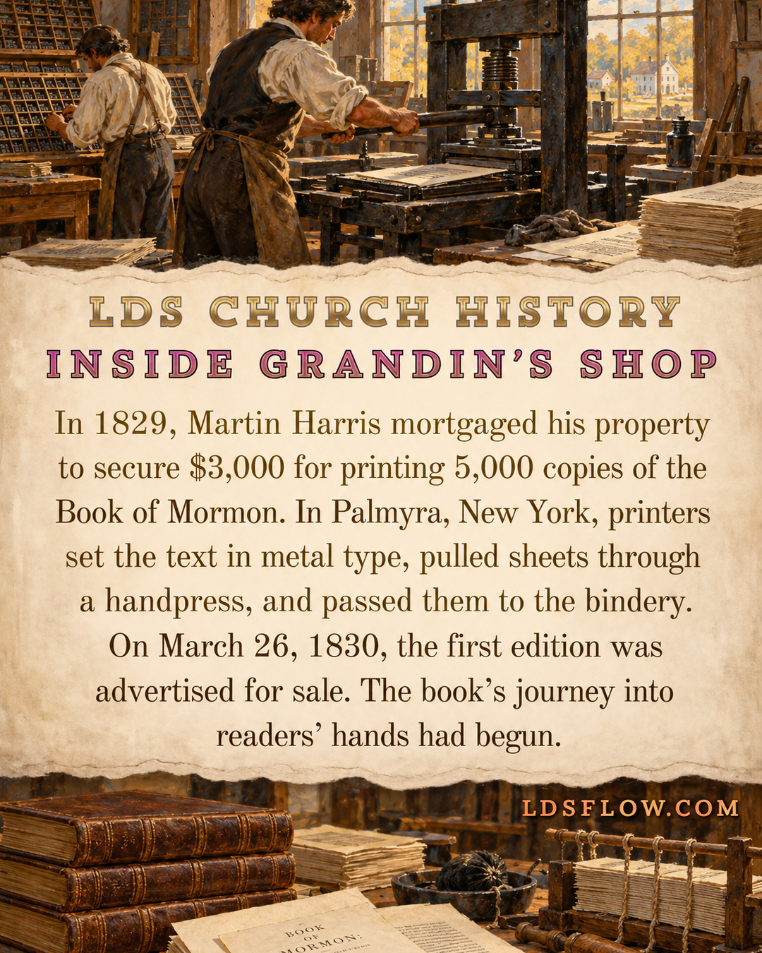 LDS Flow infographic describing Martin Harris’s financing and the printing of 5,000 Book of Mormon copies in Palmyra in 1829–1830