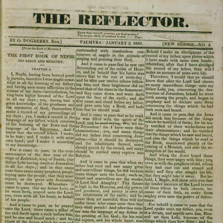 The January 2, 1830 Reflector newspaper containing unauthorized Book of Mormon excerpts