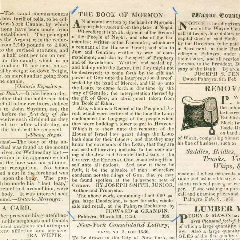 The Wayne Sentinel’s March 26, 1830 announcement that the Book of Mormon was for sale